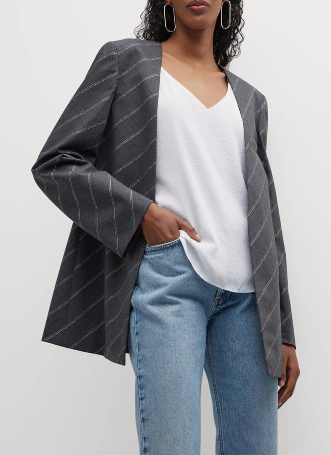 Chaqueta Slim sin Cuello - Gris Jaspeado - Mujer
