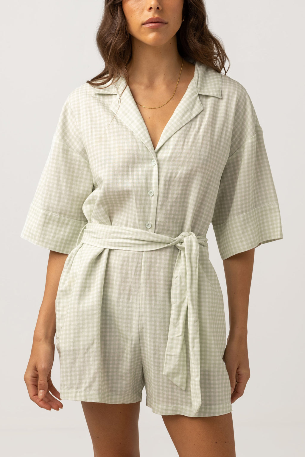 Rhythm - Maisy Check Vacay Romper - Sage - Women's