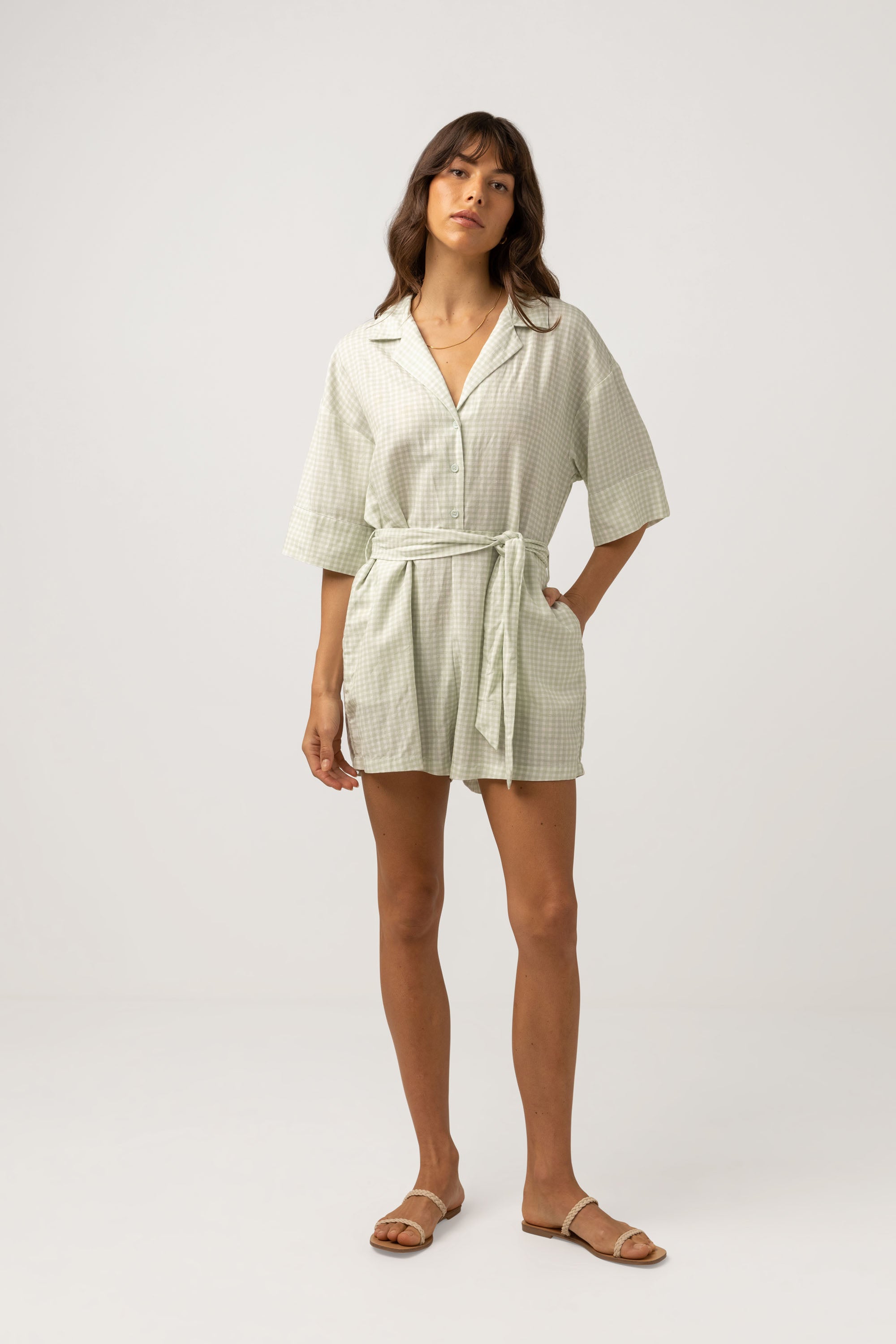 Rhythm - Maisy Check Vacay Romper - Sage - Women's