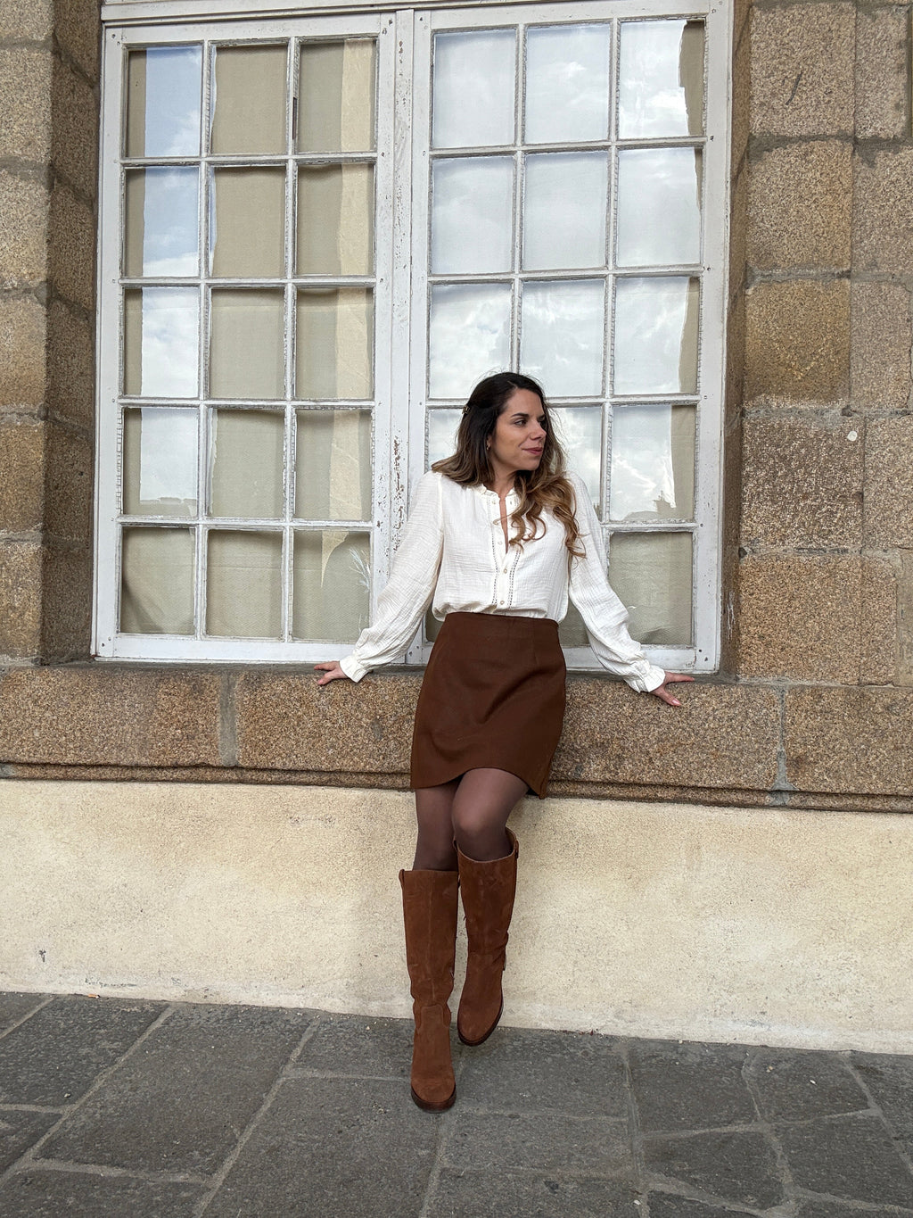 Lou chocolate wool-effect skirt