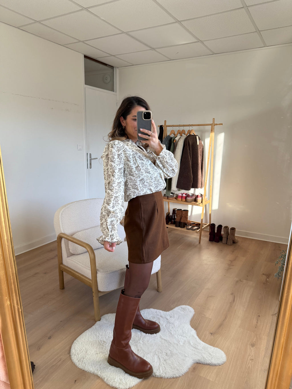 Lou chocolate wool-effect skirt