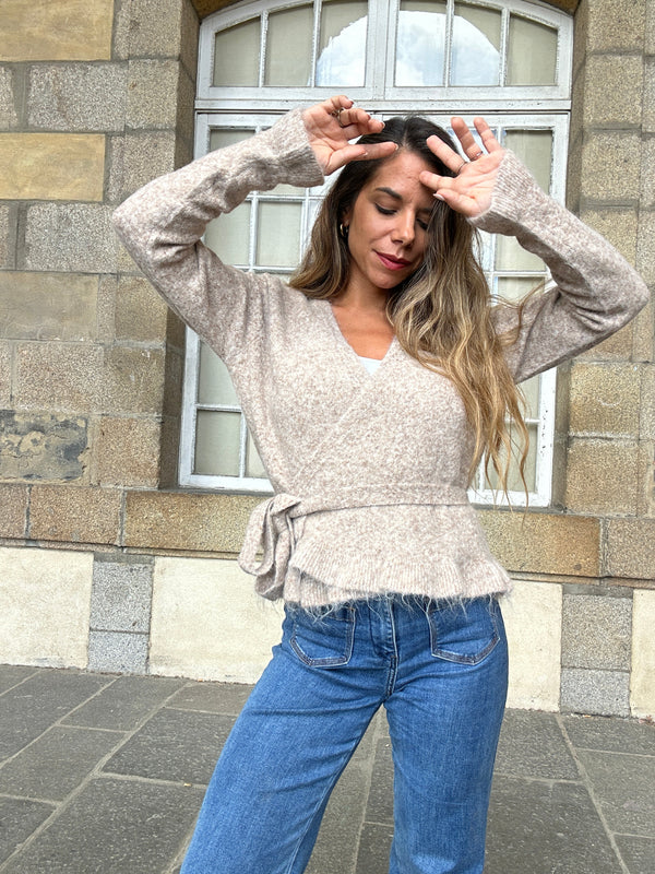 Cárdigan con lazo Helena topo