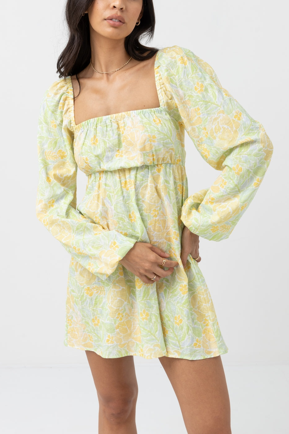 Rhythm - Robe Jupe Magnolia Floral Long Sleeve Mini D - Fern - Femme