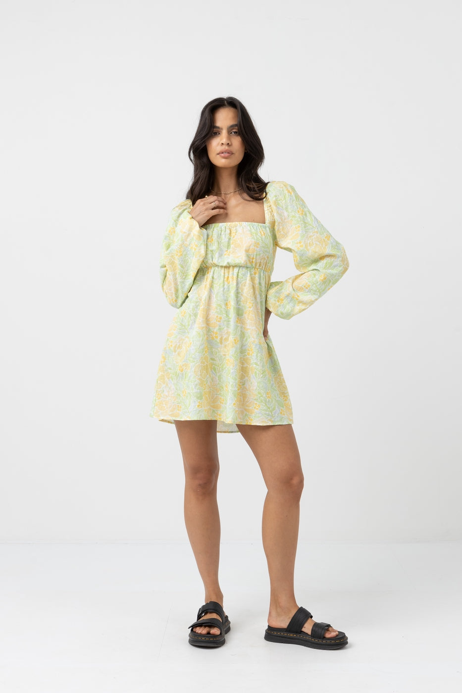 Rhythm - Robe Jupe Magnolia Floral Long Sleeve Mini D - Fern - Femme
