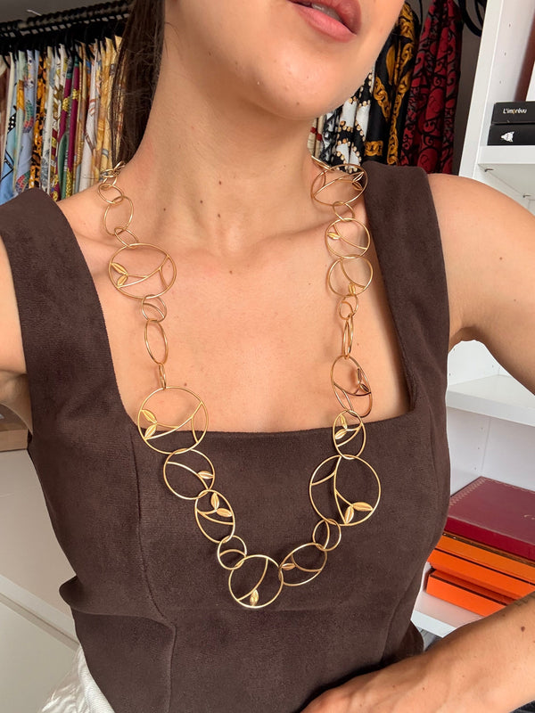 Kenzo Vintage Long Necklace - Circular Links and Leaves