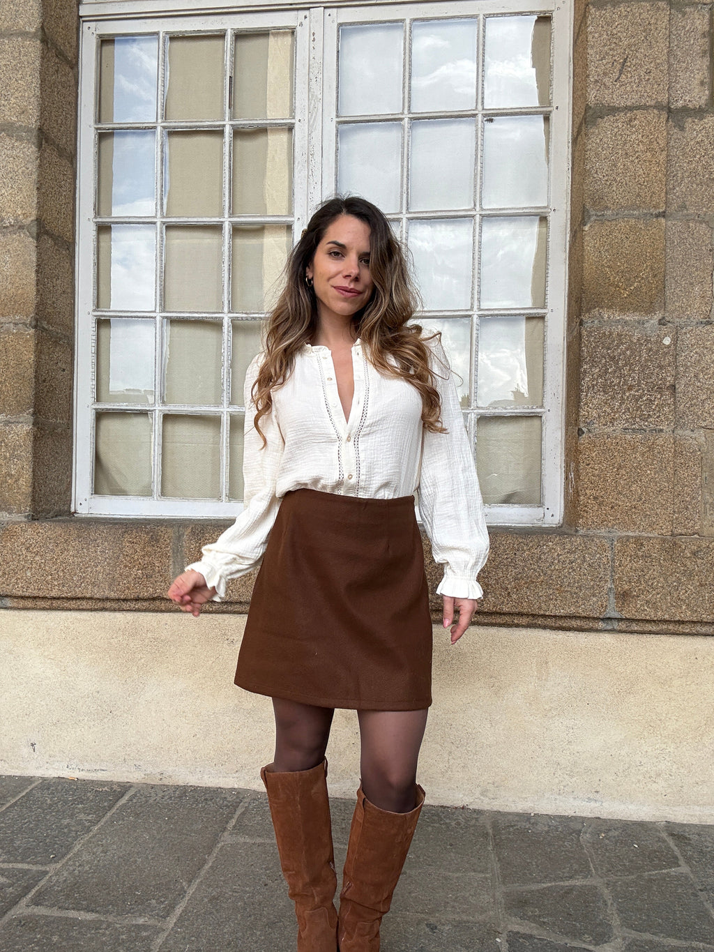 Lou chocolate wool-effect skirt
