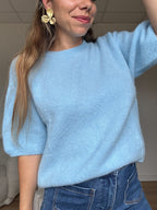 Short Sleeve Wool Knit Brown Sky Blue