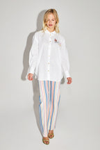 Boho Cosmic Embroidery Cotton Linen Shirt Made In Portugal - White
