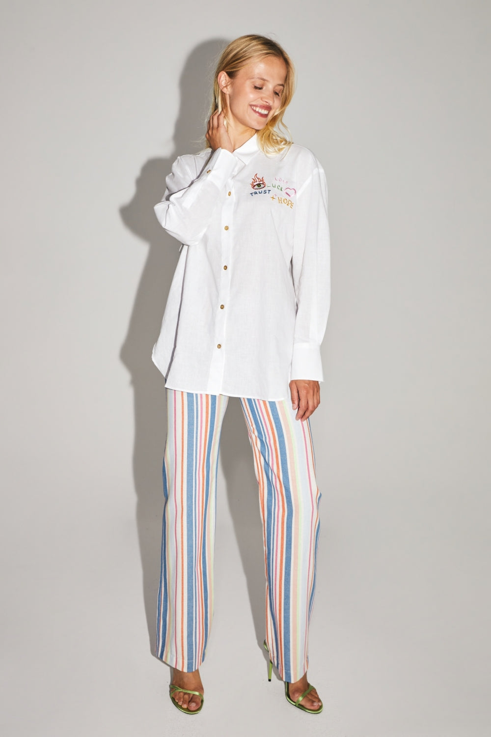 Boho Cosmic Embroidery Cotton Linen Shirt Made In Portugal - White
