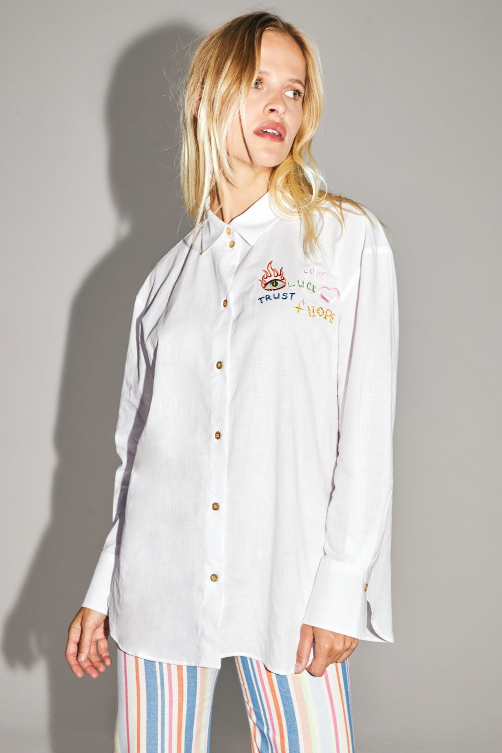 Boho Cosmic Embroidery Cotton Linen Shirt Made In Portugal - White