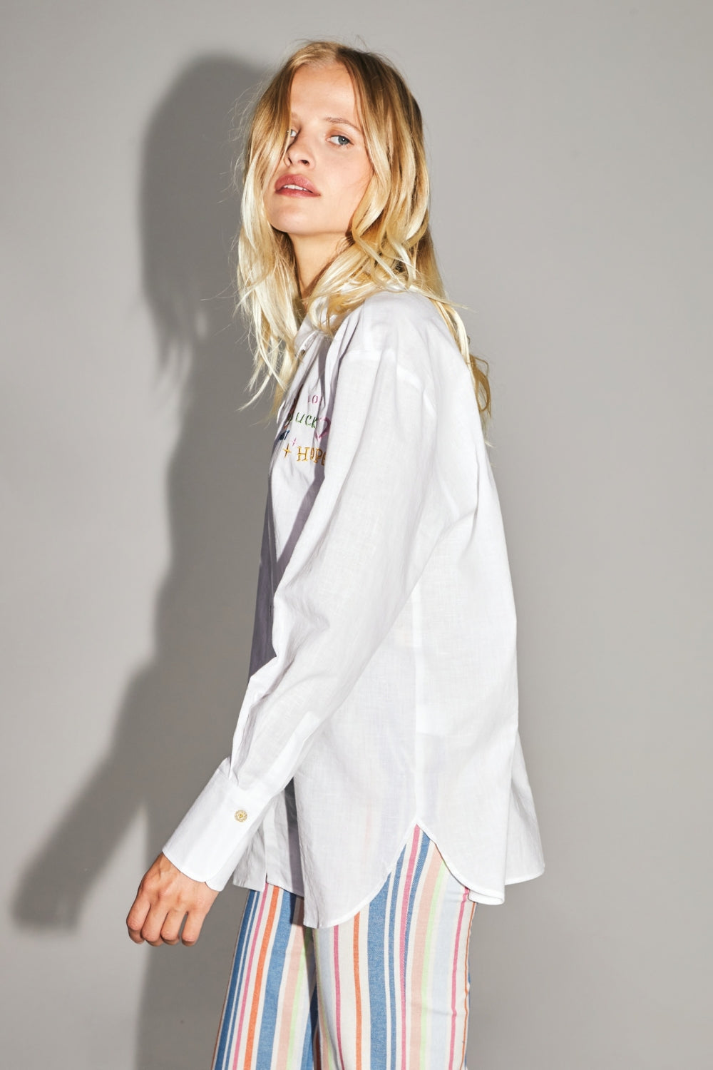 Boho Cosmic Embroidery Cotton Linen Shirt Made In Portugal - White