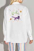 Boho Cosmic Embroidery Cotton Linen Shirt Made In Portugal - White