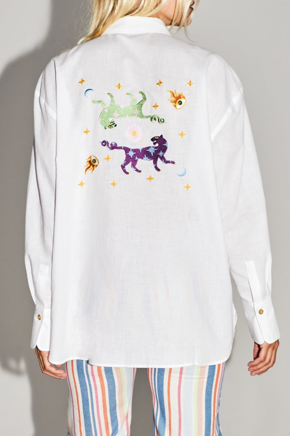 Boho Cosmic Embroidery Cotton Linen Shirt Made In Portugal - White