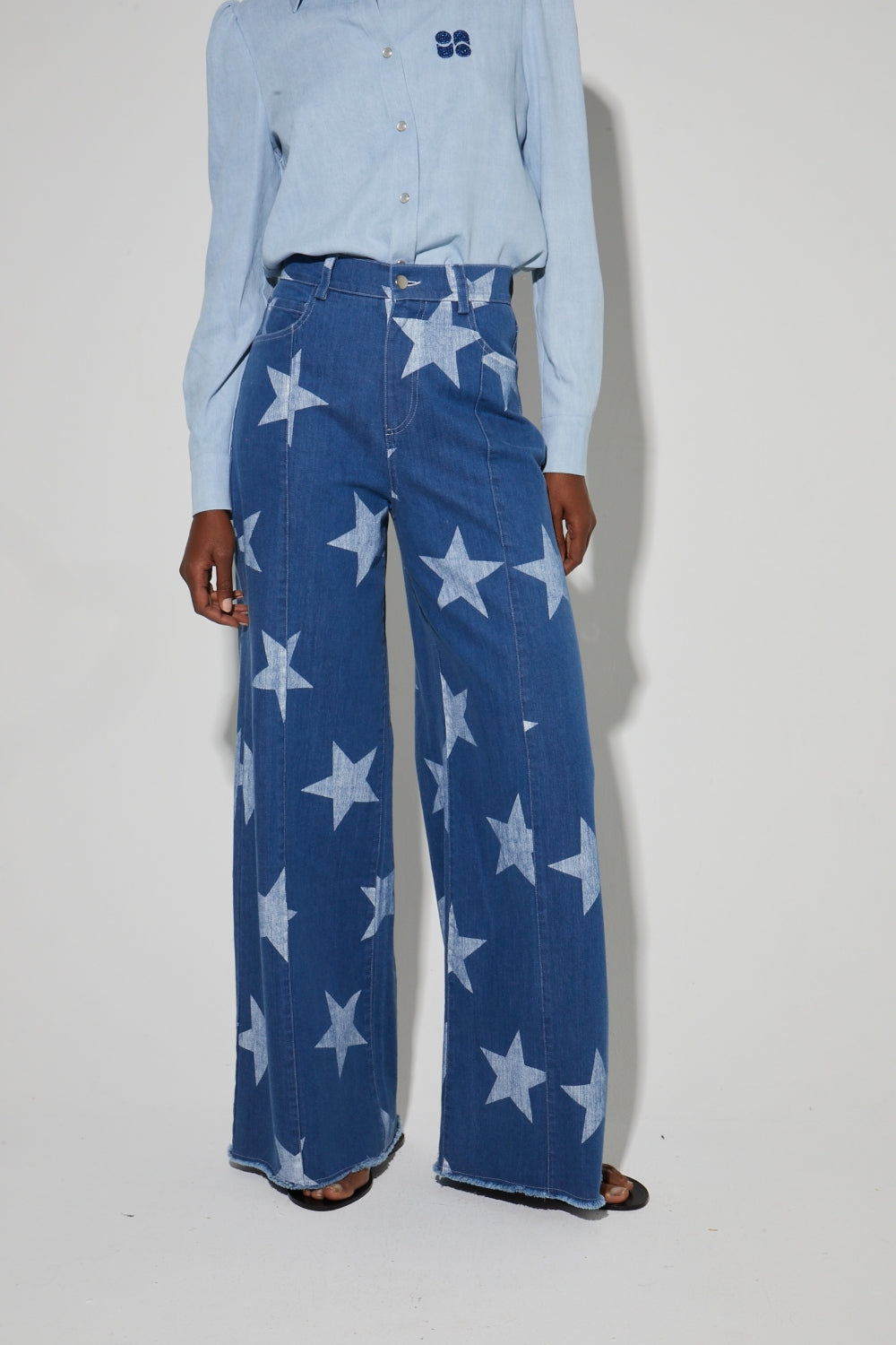Swiggy Pants, Blue Star Print Denim Spirit Made In Italy