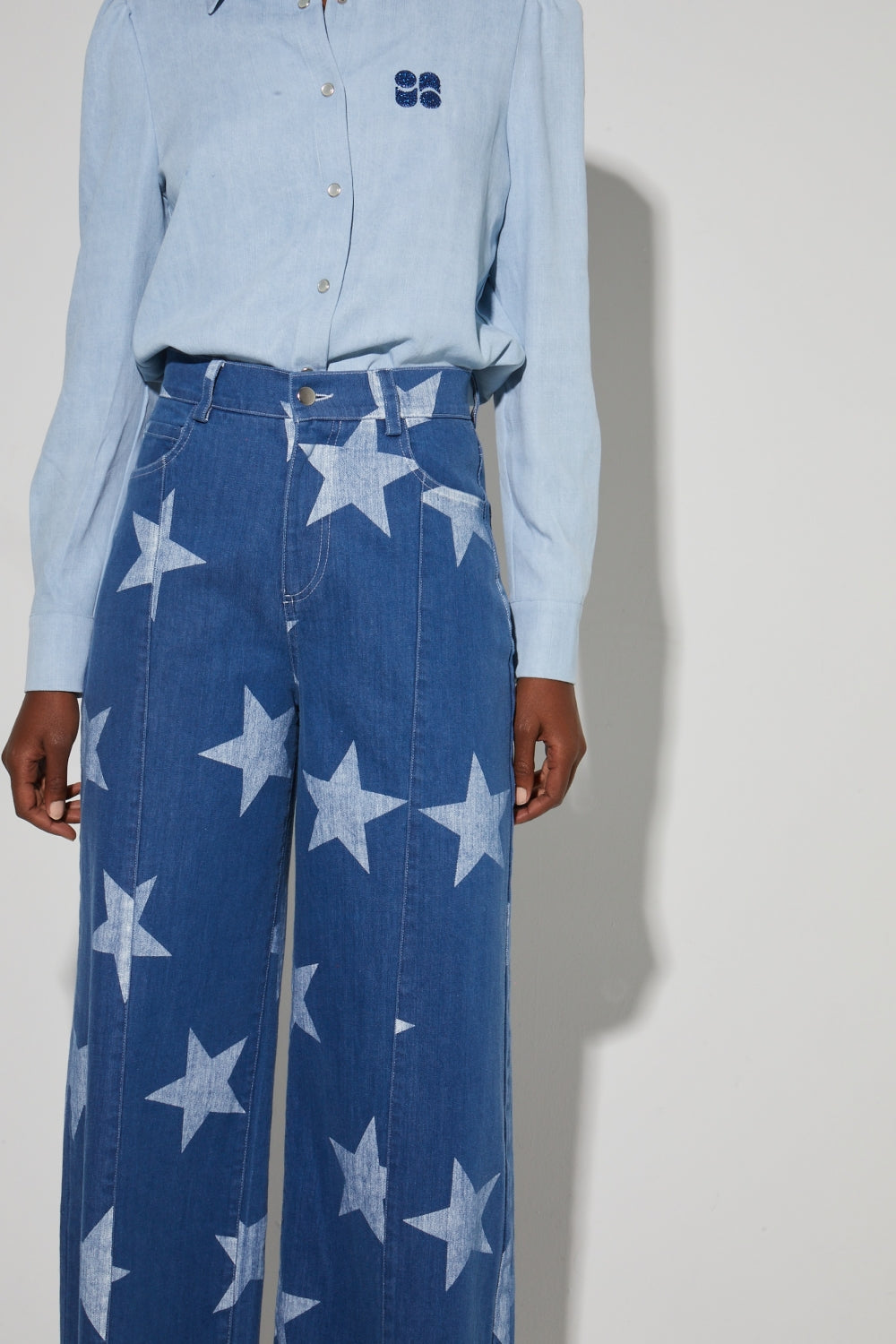 Swiggy Pants, Blue Star Print Denim Spirit Made In Italy