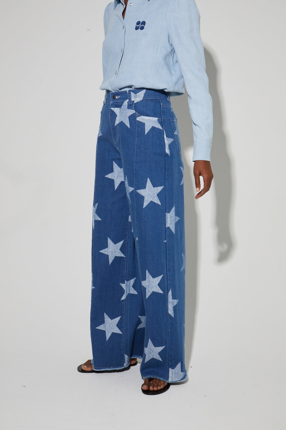 Swiggy Pants, Blue Star Print Denim Spirit Made In Italy