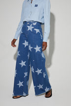 Swiggy Pants, Blue Star Print Denim Spirit Made In Italy