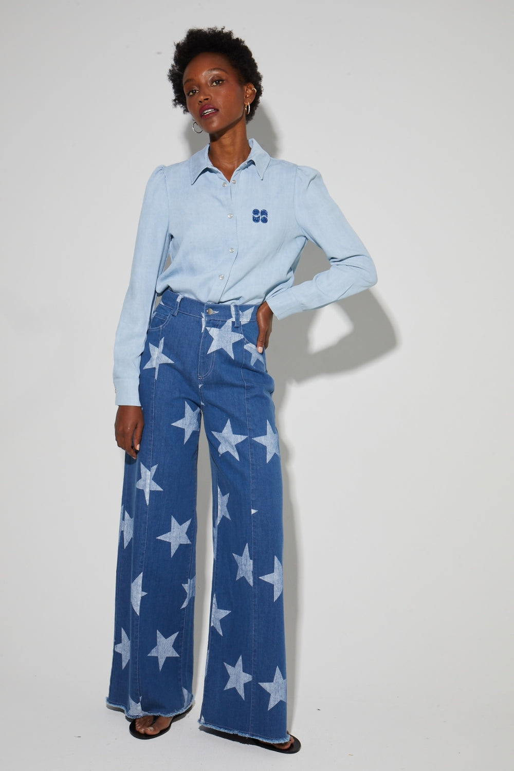 Swiggy Pants, Blue Star Print Denim Spirit Made In Italy