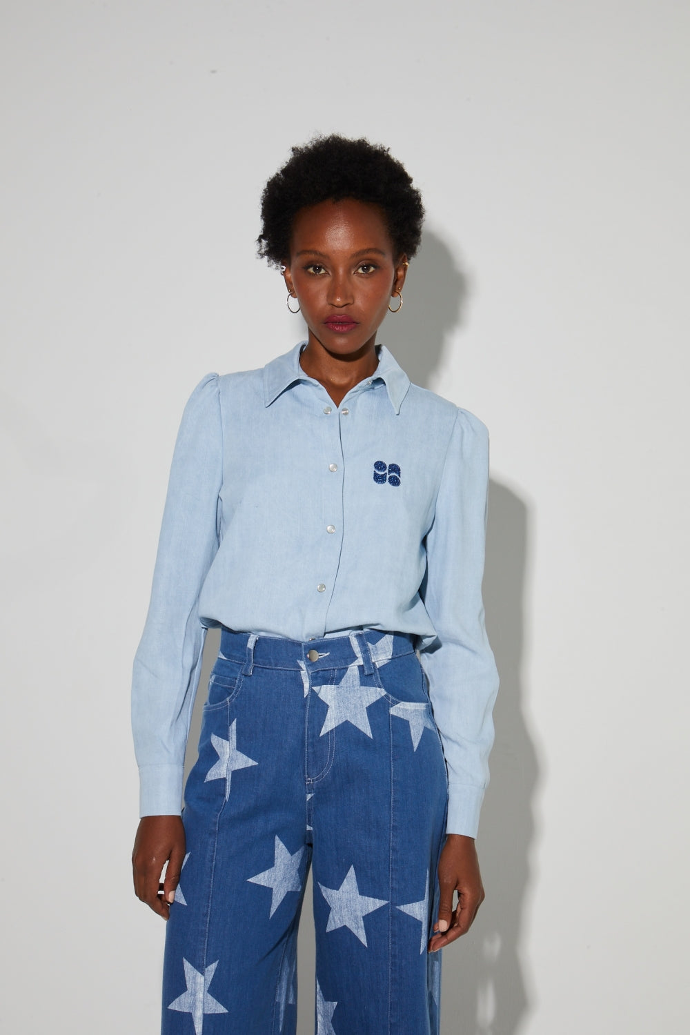 Swiggy Pants, Blue Star Print Denim Spirit Made In Italy