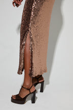 Long Ginger Skirt With Bronze Sequin, Made In Italy