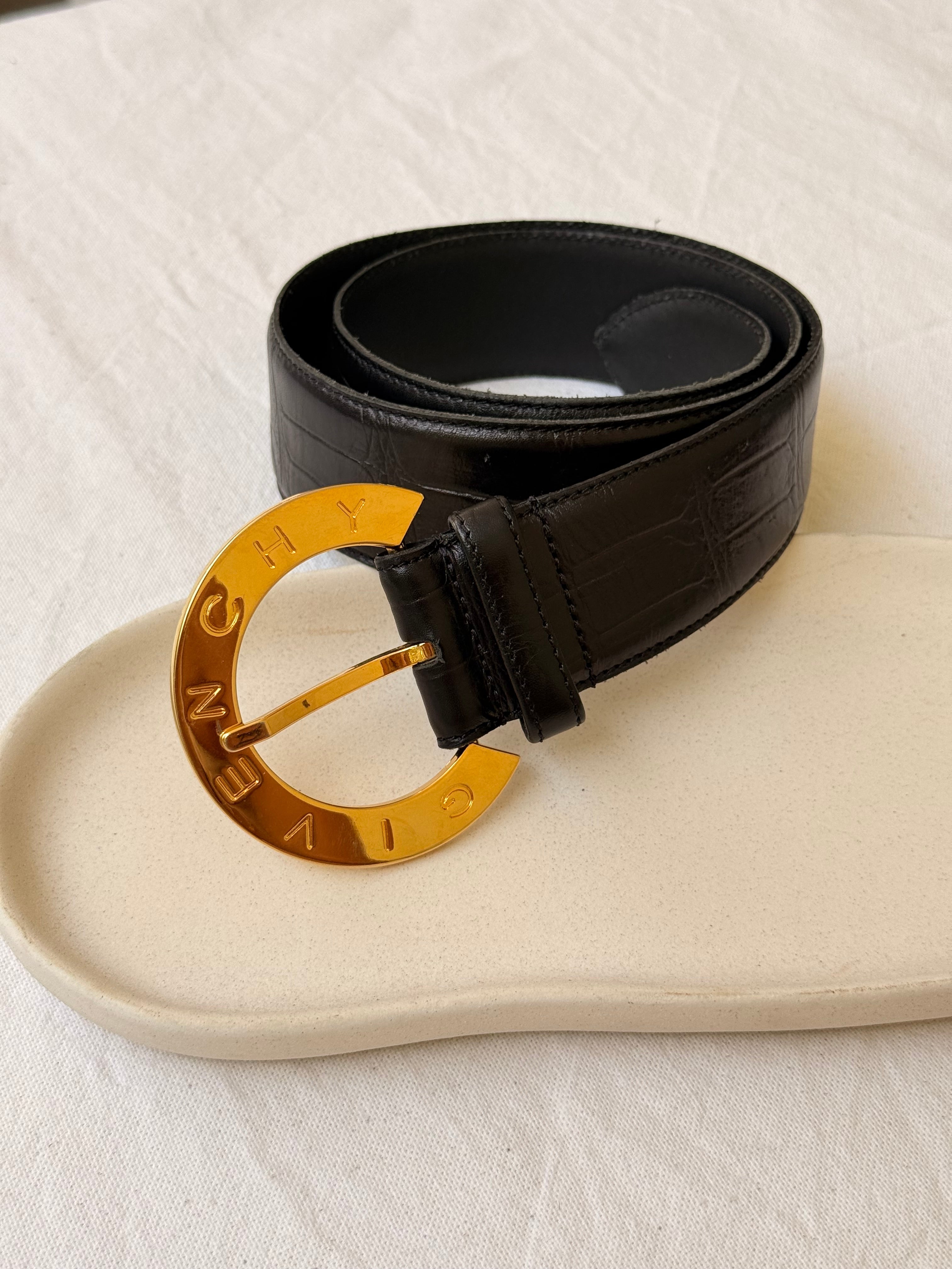 Vintage Givenchy Belt - Black Leather And Gold-Tone Logo Buckle
