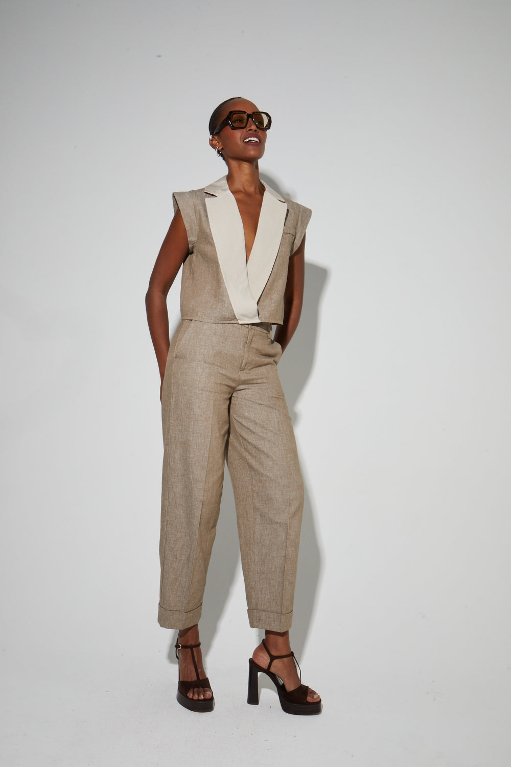 Veste Jade Sm En Lin Bicolore Brown Fabriquée En Italie
