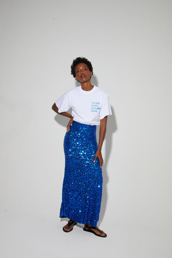 Long Ginger Skirt With Blue Sequin, Made In Italy