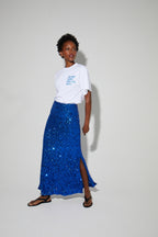 Longue Jupe Ginger A  Sequin Bleu, Fabriquée En Italie