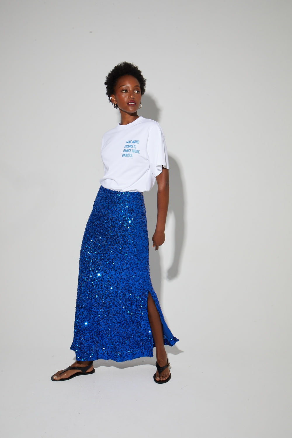 Longue Jupe Ginger A  Sequin Bleu, Fabriquée En Italie