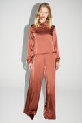 Blouse Cléa Satin Viscose Strech Cognac Fabriquée En Italie - Marron