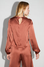 Blouse Cléa Satin Viscose Strech Cognac Fabriquée En Italie - Marron