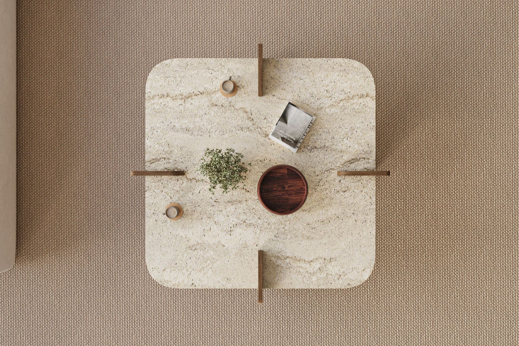 Poalla - Coffee Table - Travertine/Walnut