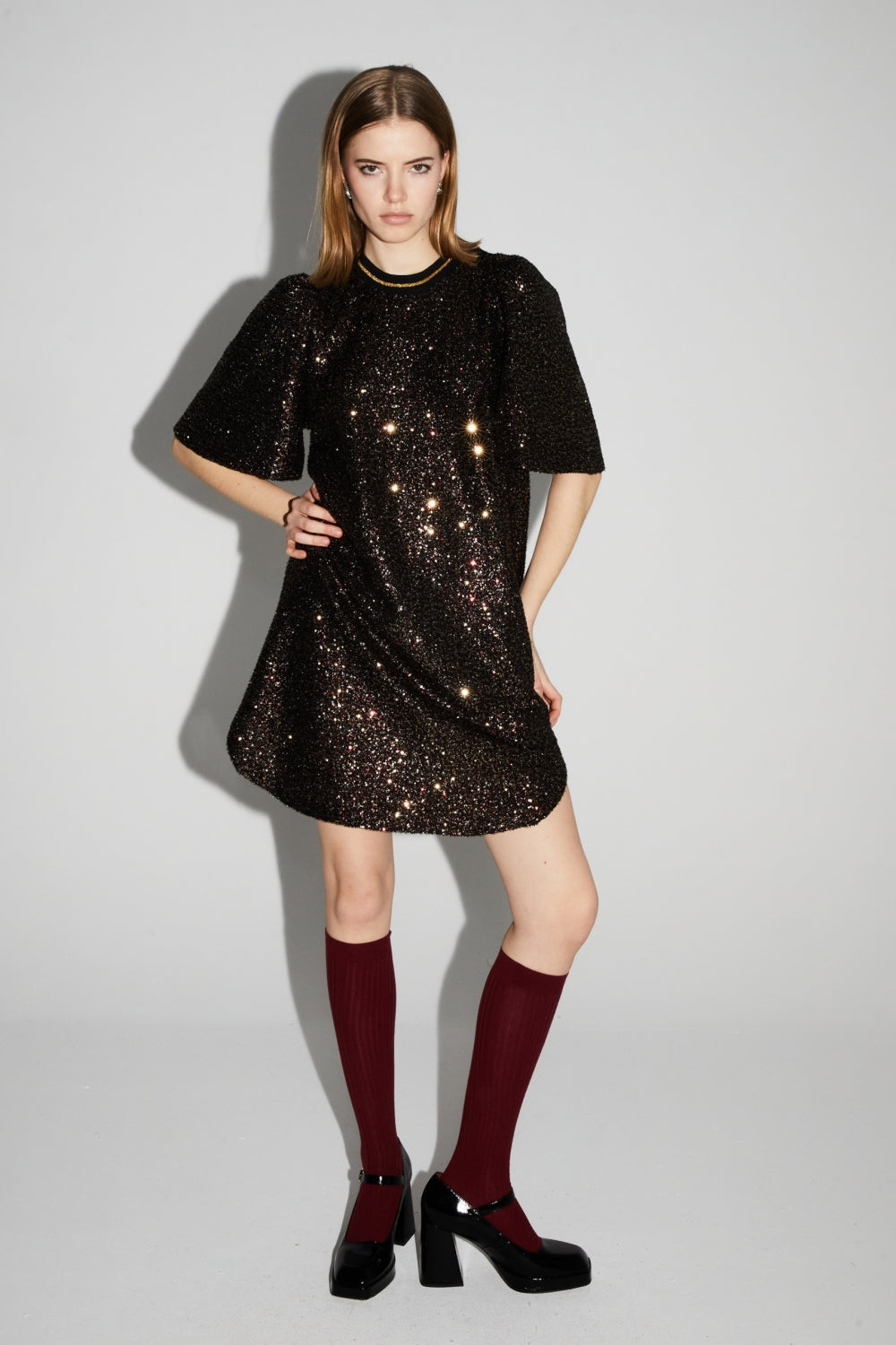 Burgundy And Gold Sequins Alix Dress, Made In Italy