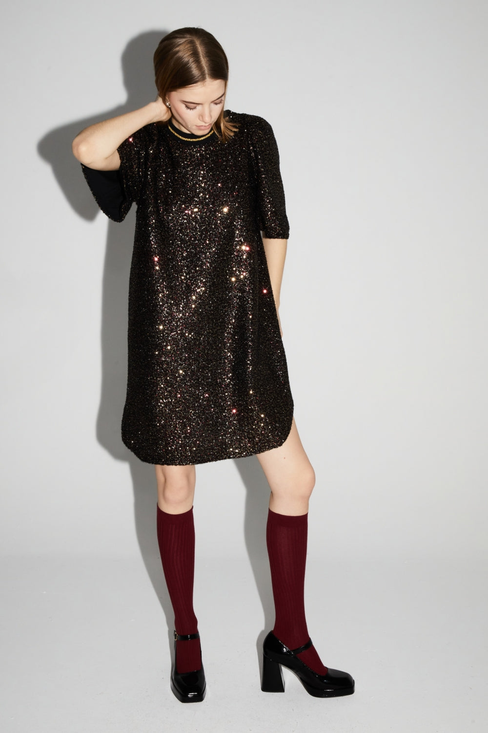 Burgundy And Gold Sequins Alix Dress, Made In Italy