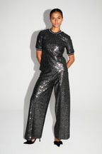 Pantalon Charlie Paillettes Noir Et Argent Fabriqué En Italie