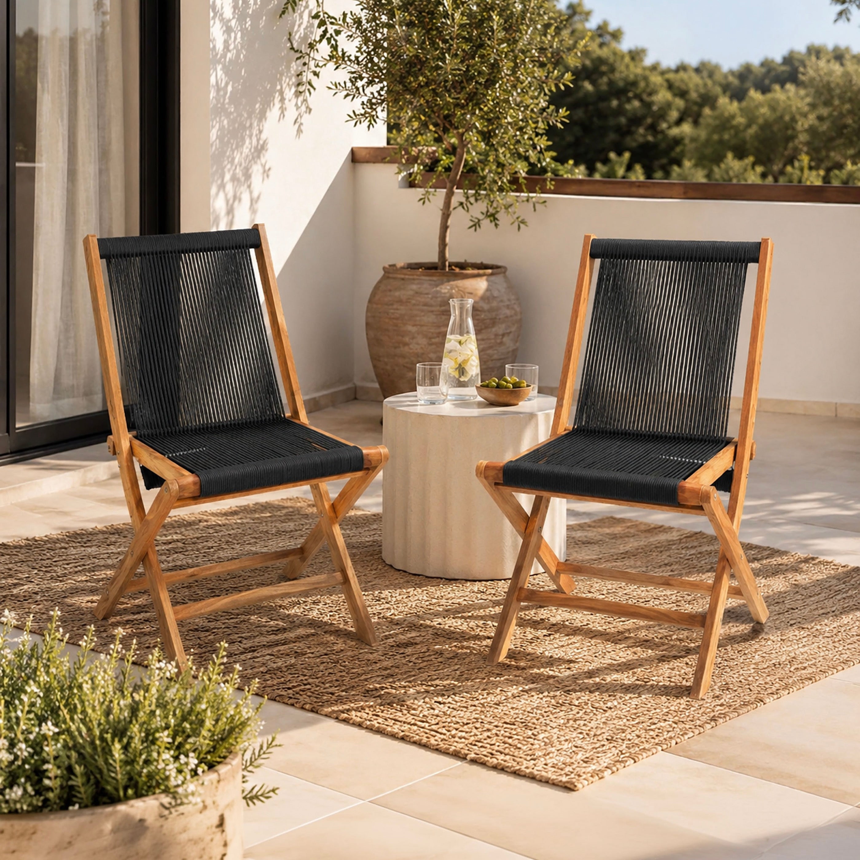 Set of 2 Garden Chairs in Ropes and Teak - Natural