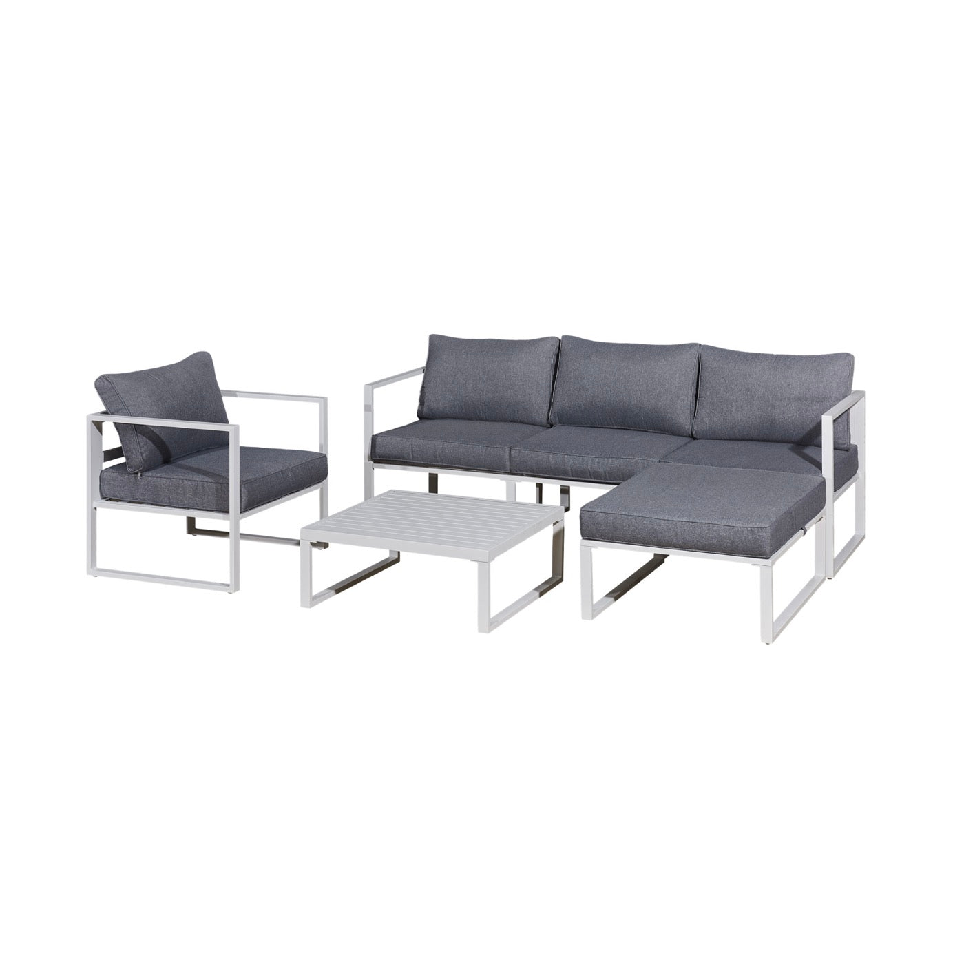 Aluzen - Mueble de jardín 4 plazas de aluminio + Puf + Mesa de centro rectangular - Gris