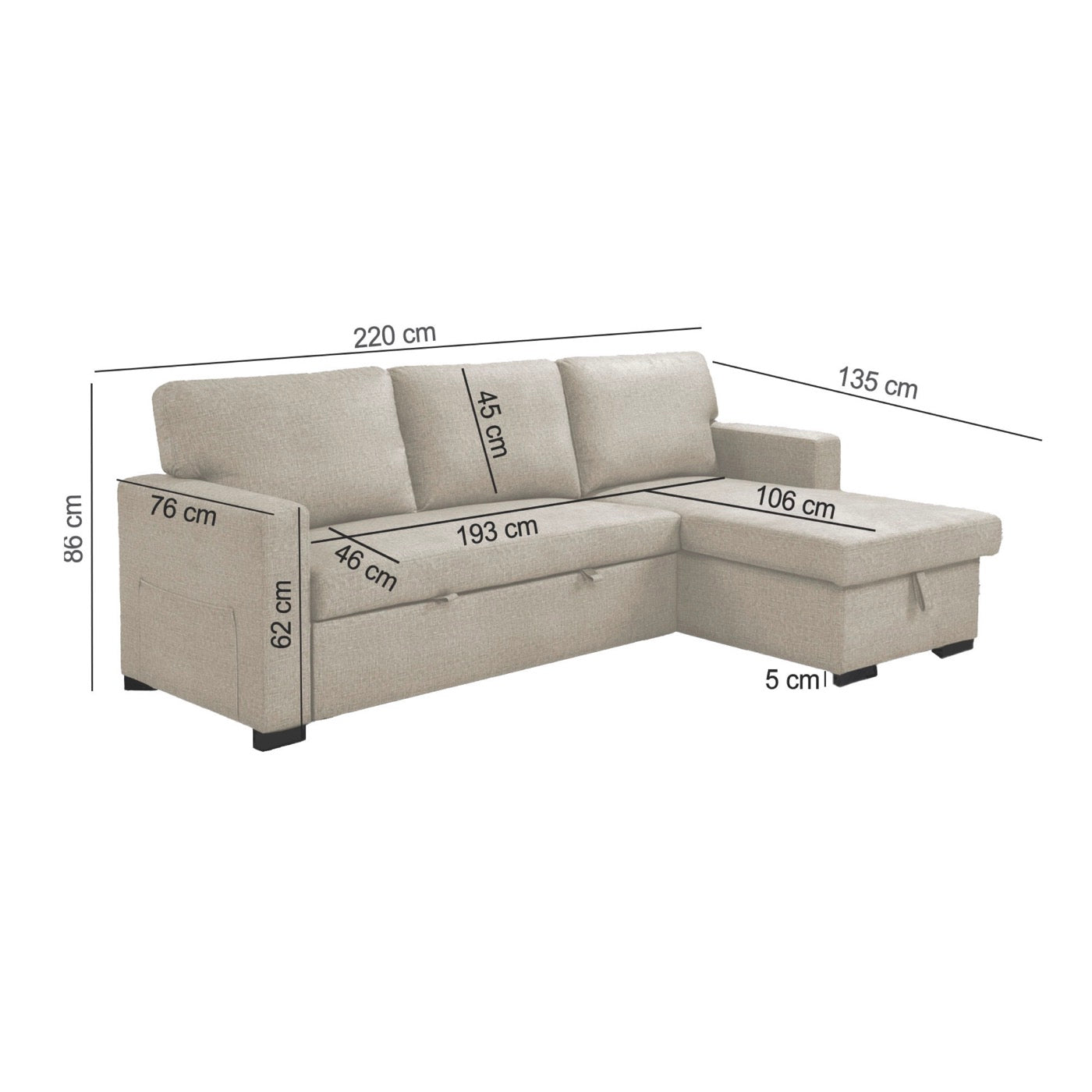 Cozy - Reversible and Convertible Fabric Corner Sofa - Beige