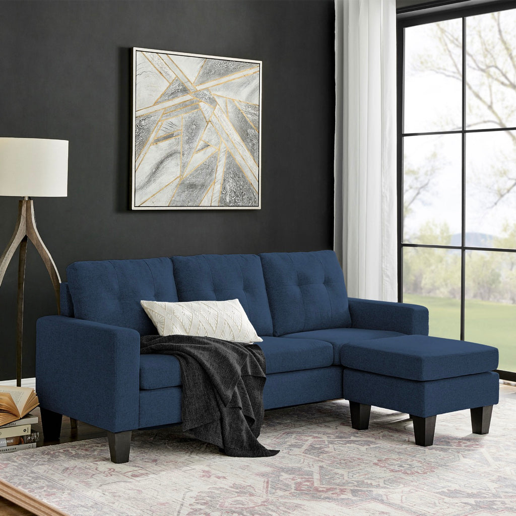 Lumina - Canapé D'Angle Réversible Avec Pouf En Microfibre - Bleu