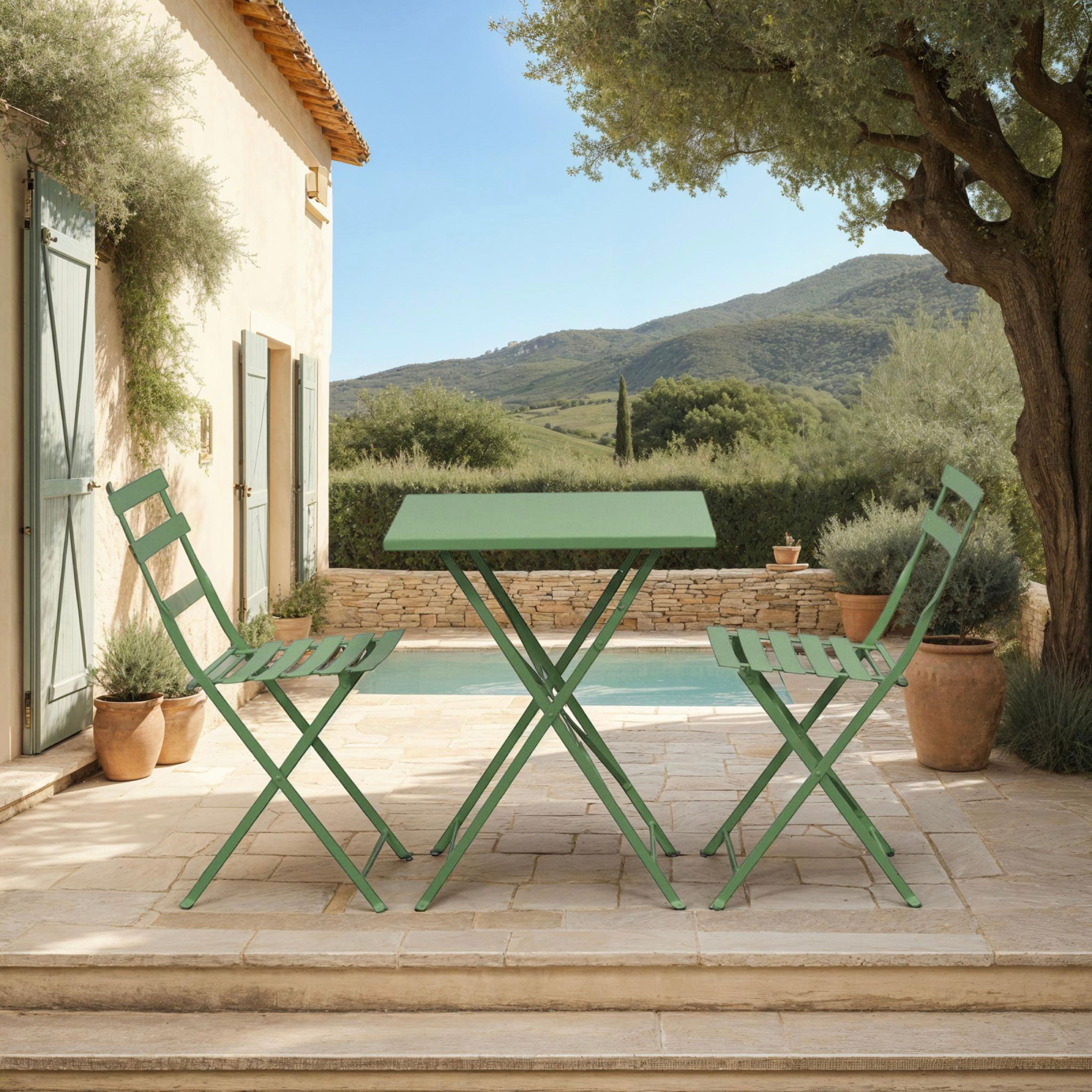 Baca - Table + 2 Metal Garden Chairs Set - Green