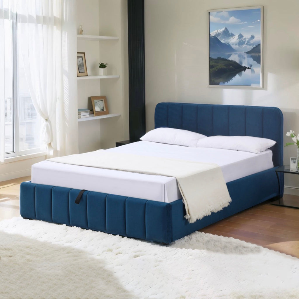 Aviala - Cama contenedor de terciopelo con cabecero + somier de láminas - Azul