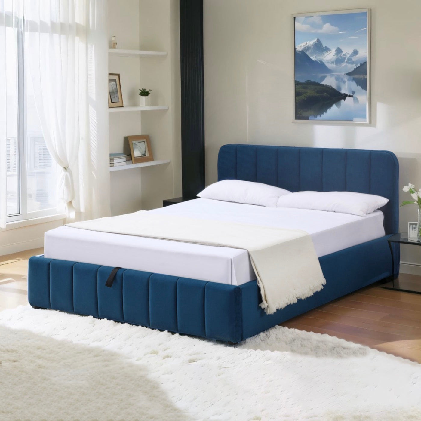 Aviala - Cama contenedor de terciopelo con cabecero + somier de láminas - Azul