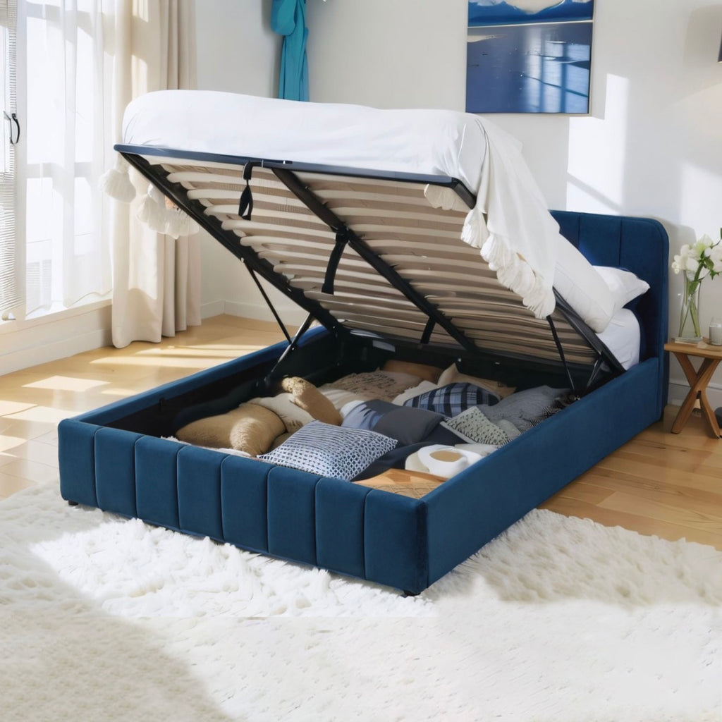 Aviala - Cama contenedor de terciopelo con cabecero + somier de láminas - Azul