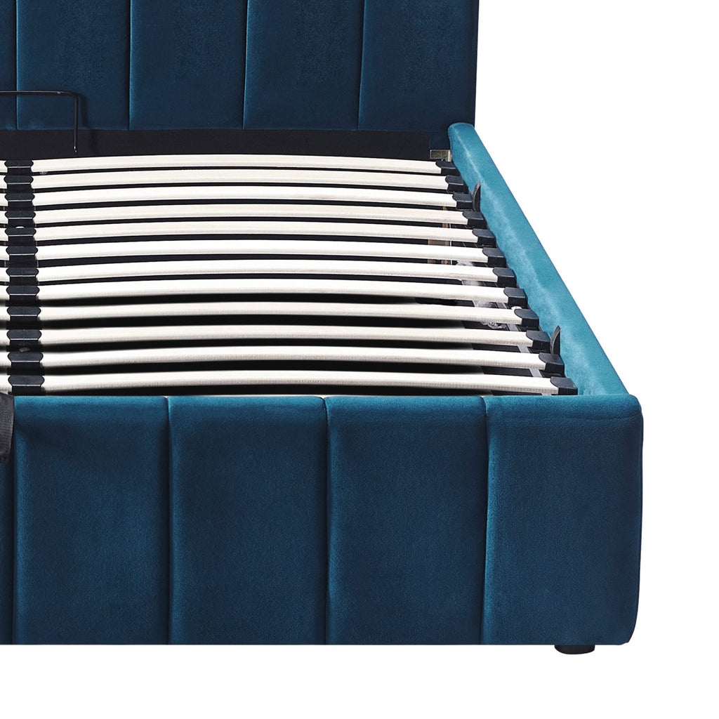 Aviala - Cama contenedor de terciopelo con cabecero + somier de láminas - Azul