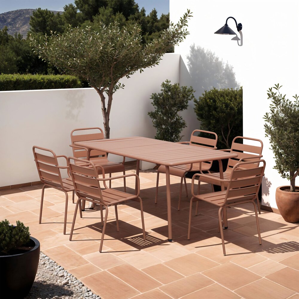Baca - Conjunto Mesa de Jardín + 6 Sillones de Metal - Terracota