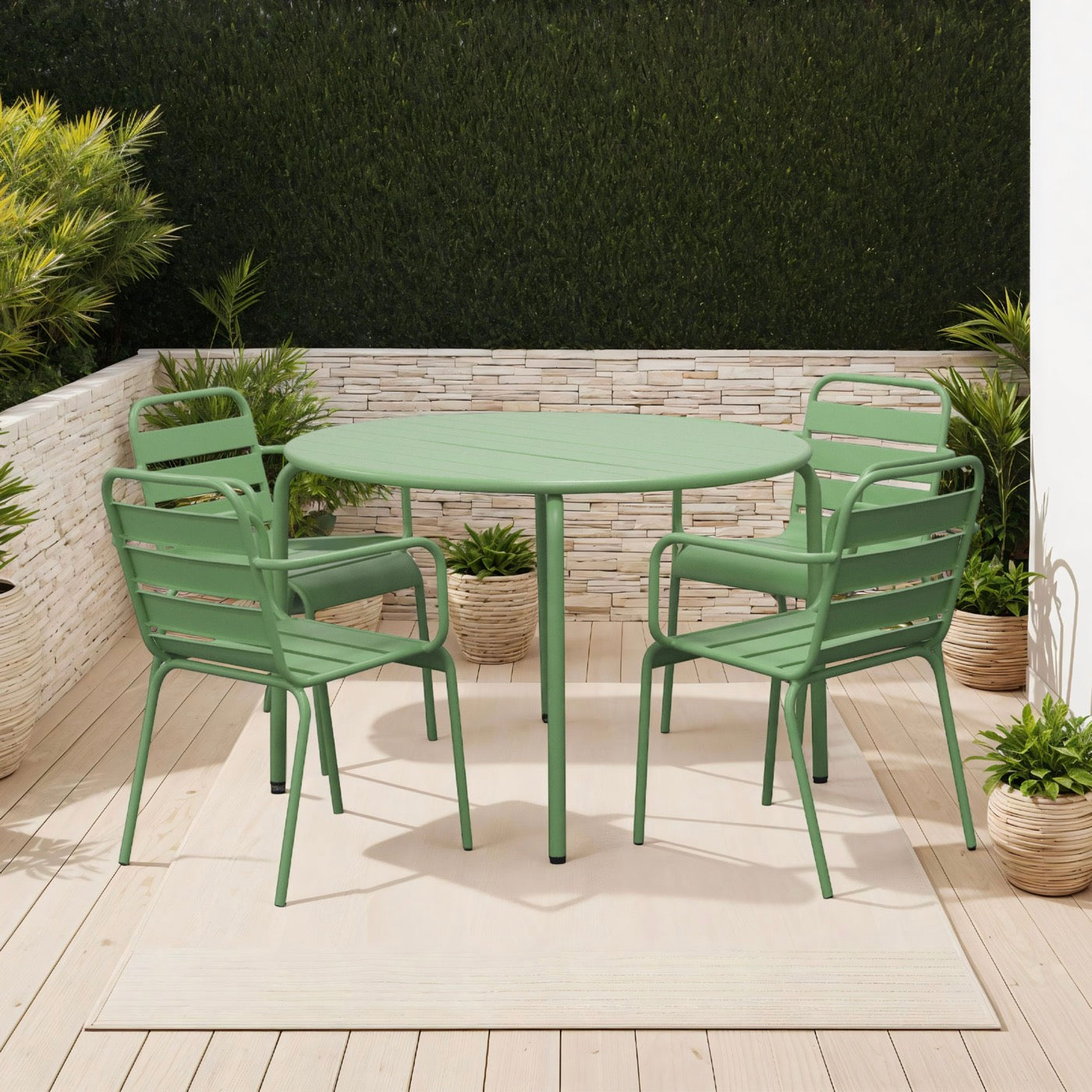 Baca - Conjunto Mesa de Jardín + 4 Sillones de Metal - Verde