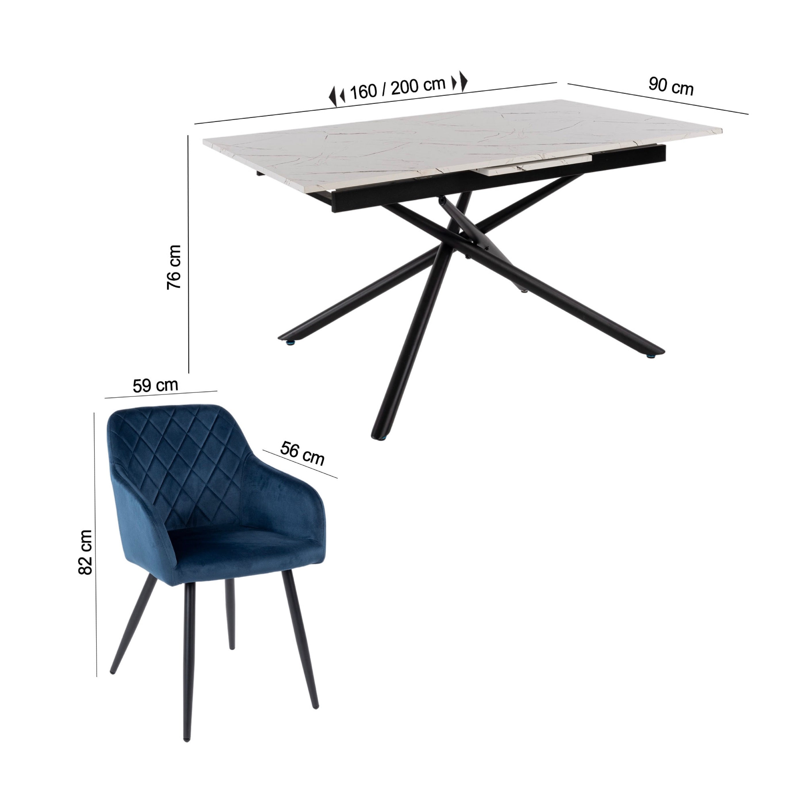 Mindy - Mesa Extensible + 6 Sillas Terciopelo - Mármol Blanco