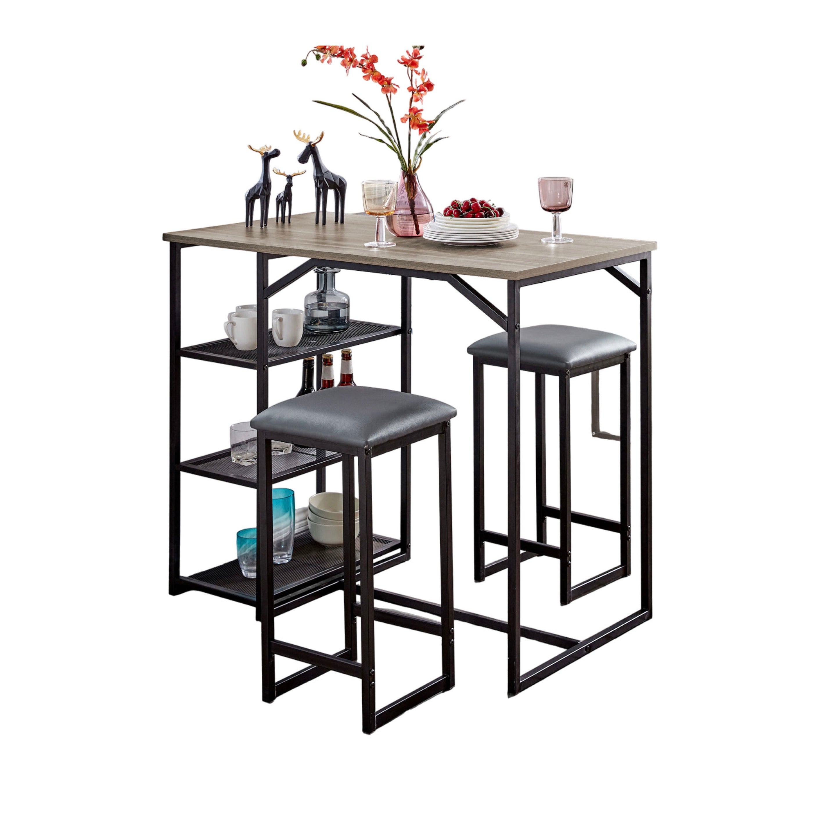Mesa de bar + 2 taburetes - Roble gris