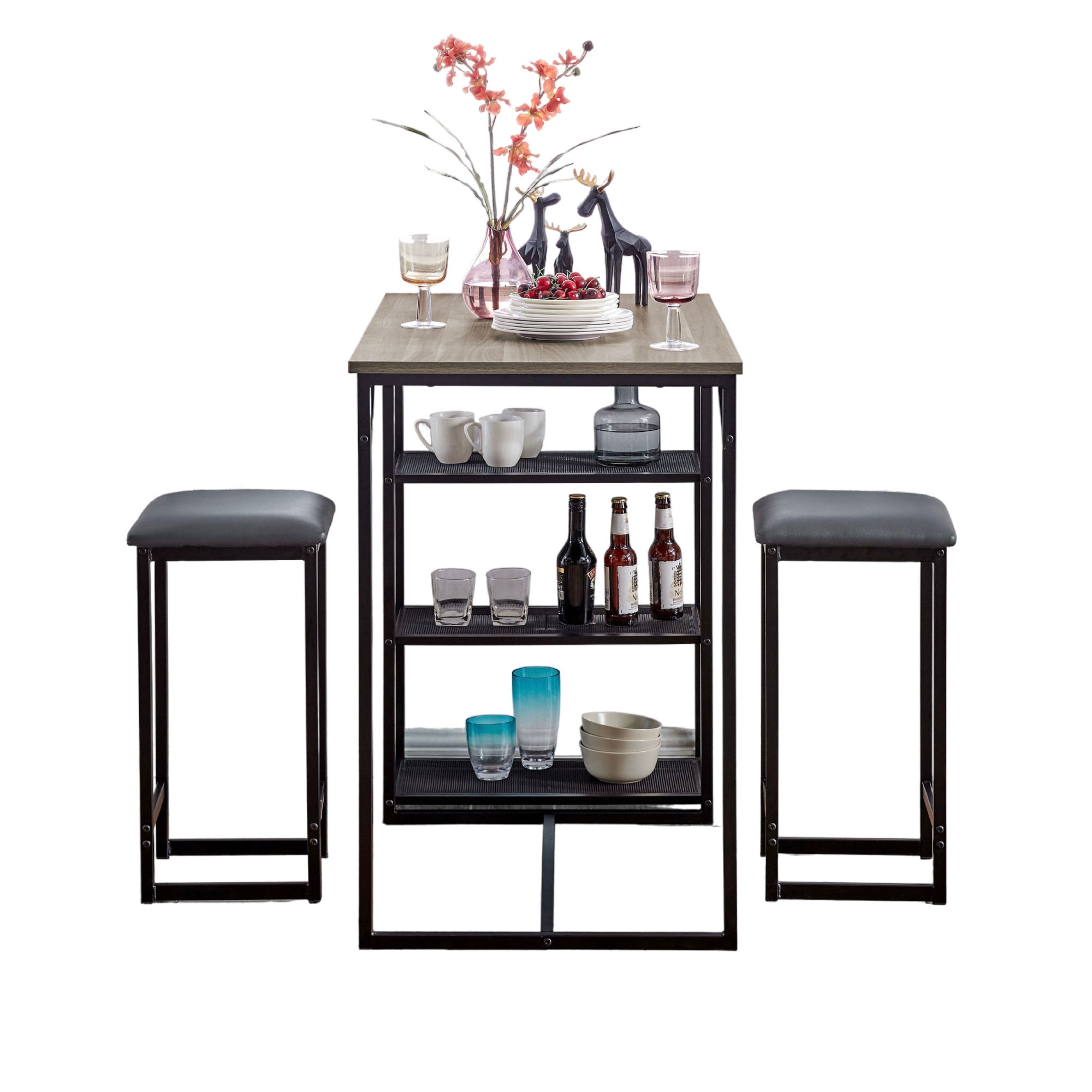 Mesa de bar + 2 taburetes - Roble gris