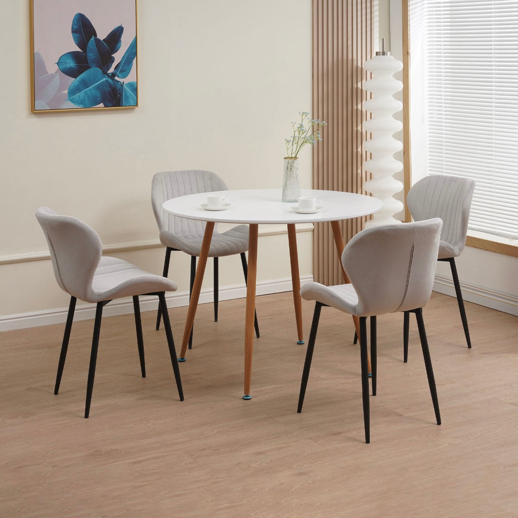 Scandi - Ensemble Repas Table Ronde + 4 Chaises Velours - Blanc